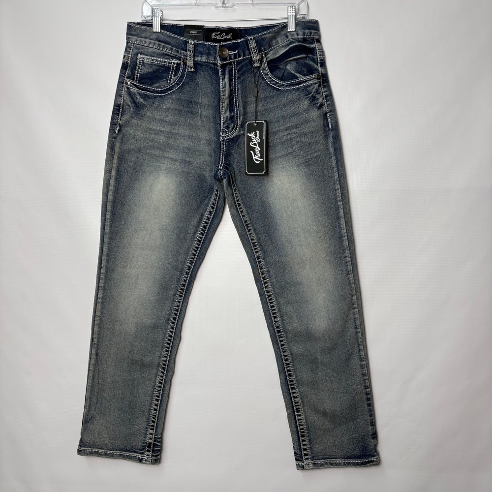 NWT True Luck Mens Straight Leg Jeans 32x30 Medium Wash Thick Stitch Denim